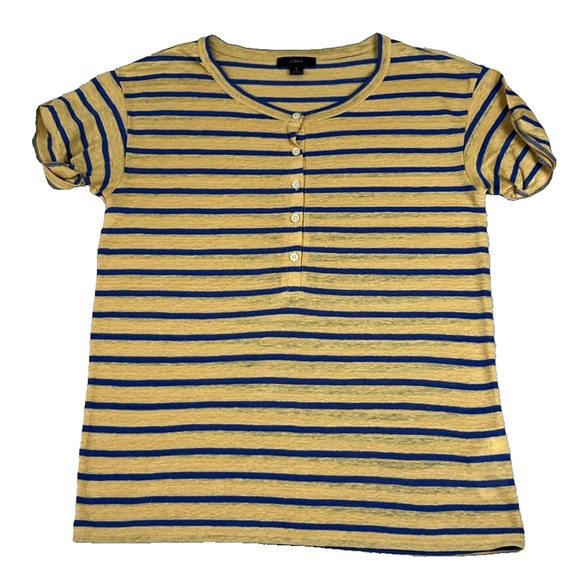 J Crew T-Shirt Womens Small Yellow Blue Striped Linen Rolled-cuff Henley Sleeve - Picture 1 of 12